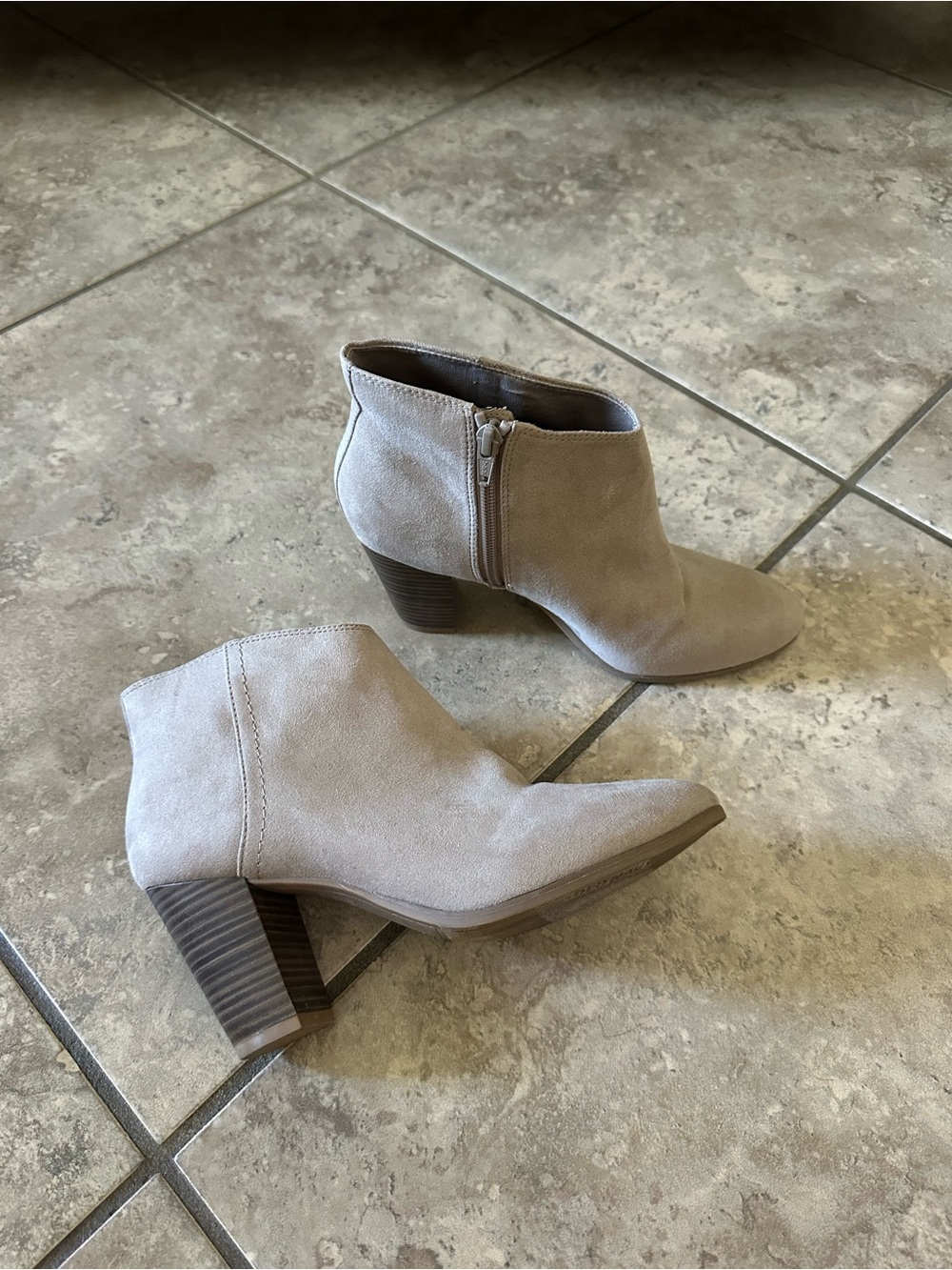 Old Navy Light Taupe Suede Ankle Booties with Stacked Heel